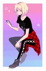Rule 34 | 1girl, bad id, bad tumblr id, black legwear, black shirt, brown eyes, cellphone, clothes around waist, collarbone, hair between eyes, holding, holding phone, invisible chair, mao (expuella), original, phone, plaid, print shirt, shirt, short hair, short sleeves, silver hair, sitting, smartphone, solo