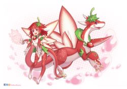 Rule 34 | 1girl, animal ears, animal hands, artist name, bare shoulders, blush, bodysuit, breasts, claws, cleavage, covered navel, dragon, dragon ears, dragon girl, dragon tail, elbow gloves, facial mark, fang, flower, food, fruit, gloves, hair ornament, jewelry, leaf, long hair, necklace, open mouth, personification, purple eyes, puzzle &amp; dragons, red gloves, red hair, red thighhighs, seed, sharp toenails, simple background, small breasts, smile, strawberry, strawberry dragon (p&amp;d), tail, tail flower, tail ornament, text focus, thighhighs, toenails, white background, wings, y.p, yellowpaint., zettai ryouiki