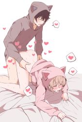 Rule 34 | 1boy, 1girl, all fours, animal ears, ass, bed sheet, black hair, blush, bottomless, brother and sister, cat ears, closed eyes, commentary request, doggystyle, doromame, fake animal ears, feet out of frame, heart, hetero, highres, hood, hoodie, incest, long sleeves, nakiri asahi, nakiri erina, open mouth, sex, sex from behind, sheet grab, shokugeki no souma, short hair, siblings, speech bubble, spoken heart, top-down bottom-up