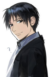 Rule 34 | 1boy, ?, black eyes, black hair, coat, fullmetal alchemist, looking at viewer, looking back, male focus, noako, roy mustang, shirt, short hair, simple background, smile, solo, solo focus, white background, white shirt