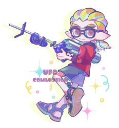 Rule 34 | 1boy, black-framed eyewear, blonde hair, closed mouth, commentary request, commission, e-liter 4k (splatoon), glasses, grey shorts, gun, highres, sports sandals, holding, holding gun, holding weapon, inkling, inkling boy, inkling player character, korean commentary, looking at viewer, male focus, medium hair, nintendo, pointy ears, red eyes, red shirt, sandals, shirt, shorts, simple background, smile, solo, splatoon (series), splatoon 3, tentacle hair, thick eyebrows, ufo sw, watermark, weapon, white background