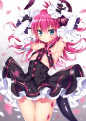 Rule 34 | 10s, 1girl, armpits, arms up, bare shoulders, blue eyes, blush, breasts, cowboy shot, detached sleeves, dragon horns, dragon tail, dress, elizabeth bathory (fate), elizabeth bathory (fate/extra ccc), elizabeth bathory (first ascension) (fate), fate/extra, fate/extra ccc, fate (series), frilled dress, frills, gradient background, hair between eyes, horns, long hair, looking at viewer, mitsuba choco, no bra, petals, pink hair, pointy ears, small breasts, smile, solo, tail, wrist cuffs