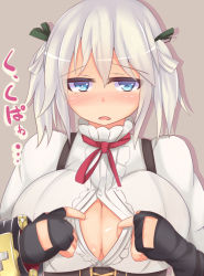 Rule 34 | 10s, 1girl, black gloves, blue eyes, blush, breasts, center opening, ciel alencon, cleavage, fingerless gloves, gloves, god eater, god eater 2: rage burst, green ribbon, hair ribbon, kutan, large breasts, looking at viewer, neck ribbon, nose blush, paizuri invitation, parted lips, presenting, red ribbon, ribbon, short hair, short twintails, silver hair, solo, twintails, upper body
