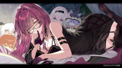 Rule 34 | 1girl, alternate costume, bare shoulders, black choker, black dress, black garter, black panties, black thighhighs, breasts, chibi, chibi inset, choker, cityscape, cleavage, covered navel, crying, curtains, dress, finger to mouth, firefly (honkai: star rail), glasses, gloves, hair between eyes, hair intakes, half gloves, highres, himeko (honkai: star rail), honkai: star rail, honkai (series), indoors, jewelry, kafka (honkai: star rail), lace, lace-trimmed thighhighs, lace choker, large breasts, letterboxed, lingerie, looking at viewer, lying, march 7th (honkai: star rail), necklace, no shoes, on stomach, open mouth, panties, pink hair, purple eyes, purple gloves, purple hair, red hair, see-through, see-through dress, shushing, silver wolf (honkai: star rail), smile, solo, spider web print, srpzk, the pose, thighhighs, underwear, yellow eyes