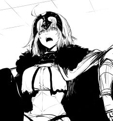 Rule 34 | 1girl, ahoge, armor, breasts, fate/grand order, fate (series), from below, greyscale, hair between eyes, headpiece, highres, jeanne d&#039;arc (fate), jeanne d&#039;arc alter (avenger) (fate), jeanne d&#039;arc alter (fate), medium breasts, monochrome, open mouth, short hair, solo, teeth, tsukamoto minori, white background