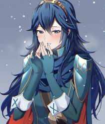 Rule 34 | 1girl, ameno (a meno0), armor, blue cape, blue eyes, blue gloves, blue hair, blue sweater, blush, breath, cape, elbow gloves, fingerless gloves, fingernails, fire emblem, fire emblem awakening, gloves, grey background, hair between eyes, long hair, lucina (fire emblem), nintendo, red cape, ribbed sweater, shoulder armor, simple background, snow, snowing, solo, sweater, tiara, turtleneck, turtleneck sweater, two-tone cape