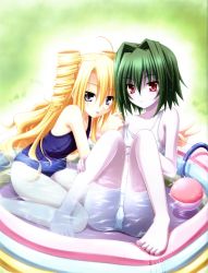 Rule 34 | 2girls, absurdres, ahoge, bare shoulders, barefoot, blonde hair, blue eyes, cameltoe, collarbone, crotch seam, drill hair, feet, flat chest, green hair, hair intakes, highres, long hair, looking at viewer, matra milan, multiple girls, official art, omamori himari, one-piece swimsuit, pale skin, partially submerged, petite, red eyes, scan, school swimsuit, shizuku (omamori himari), short hair, sitting, strap slip, swimsuit, tama (omamori himari), tamamo (omamori himari), toes, twin drills, twintails, v, very long hair, wading pool, water, wet, wet hair, white school swimsuit, white one-piece swimsuit