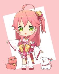 Rule 34 | 1girl, 35p (sakura miko), ahoge, bell, blush, cat, cherry blossom print, chibi, detached sleeves, floral print, full body, green eyes, hair bell, hair ornament, hairclip, highres, hololive, kintoki (sakura miko), long hair, looking at viewer, nontraditional miko, one side up, open mouth, pasara hirahara, pink cat, pink footwear, pink hair, sakura miko, sakura miko (1st costume), sandals, standing, virtual youtuber, white cat