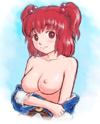 Rule 34 | 1girl, bare shoulders, breasts, closed mouth, collarbone, hair bobbles, hair ornament, medium breasts, nipples, onozuka komachi, red eyes, red hair, short hair, smile, solo, split mouth, touhou, two side up, undressing, zawabug