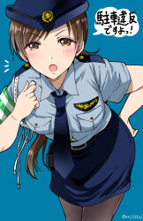 Rule 34 | 1girl, belt, black belt, black pantyhose, blue background, blue necktie, blue skirt, blush, breasts, brown eyes, brown hair, cowboy shot, dot nose, gen (enji), green sash, hand on own hip, hand up, hat, holding, holding whistle, holster, idolmaster, idolmaster cinderella girls, idolmaster cinderella girls starlight stage, leaning forward, long hair, looking at viewer, medium breasts, miniskirt, necktie, nitta minami, open mouth, pantyhose, pencil skirt, police, police hat, police uniform, policewoman, sash, simple background, skirt, solo, speech bubble, standing, translated, twitter username, uniform, v-shaped eyebrows, whistle