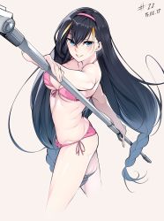 Rule 34 | 1girl, bikini, black hair, blue eyes, breasts, cleavage, dated, front-tie top, grin, hair between eyes, hairband, holding, holding polearm, holding spear, holding weapon, lessar, long hair, looking at viewer, low twintails, nanao (mahaya), navel, pink bikini, polearm, side-tie bikini bottom, simple background, smile, solo, spear, swimsuit, thighs, toaru majutsu no index, twintails, very long hair, weapon