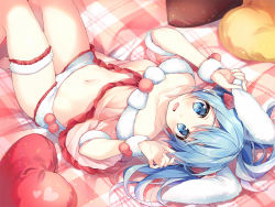 Rule 34 | 1girl, :d, animal ears, babydoll, bare shoulders, blue eyes, blue hair, rabbit ears, collarbone, commentary request, fur trim, hands up, heart, heart-shaped pillow, knees up, lingerie, long hair, looking at viewer, lying, navel, on back, on bed, open mouth, original, panties, pillow, plaid, smile, solo, stomach, suimya, thigh strap, thighs, twintails, underwear, underwear only, white panties