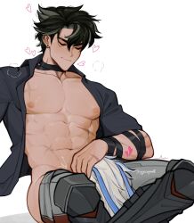 Rule 34 | 2boys, abs, bandaged arm, bandaged neck, bandages, bare pectorals, black shirt, blue hair, boots, closed eyes, closed mouth, clothes pull, earrings, fellatio, genshin impact, grey hair, grey pants, highres, jewelry, large pectorals, long hair, male focus, multiple boys, muscular, muscular male, navel, neuvillette (genshin impact), nipples, open clothes, open shirt, oral, pants, pants pull, pectorals, red pants, shirt, short hair, simple background, sippycupart, sitting, two-tone pants, white background, white hair, wriothesley (genshin impact), yaoi