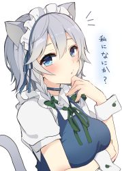 Rule 34 | 1girl, animal ears, blue choker, blue eyes, blue ribbon, blush, bow, braid, breast hold, breasts, cat ears, cat tail, check translation, choker, commentary request, finger to own chin, green bow, hair between eyes, hair bow, hair ribbon, hand up, highres, izayoi sakuya, karasusou nano, kemonomimi mode, looking at viewer, maid, maid headdress, medium breasts, puffy short sleeves, puffy sleeves, ribbon, short hair, short sleeves, silver hair, simple background, solo, tail, touhou, translation request, twin braids, upper body, white background, wing collar, wrist cuffs