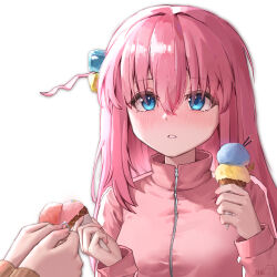 Rule 34 | 2girls, absurdres, blue eyes, blush, bocchi the rock!, cube hair ornament, double scoop, food, gotoh hitori, hair ornament, highres, holding, holding food, holding ice cream, holding jewelry, holding ring, ice cream, ice cream cone, jacket, jewelry, kita ikuyo, multiple girls, pink hair, pink jacket, pink track suit, ring, simple background, sklt (swyt8223), track jacket, white background, yuri