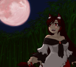 Rule 34 | 1girl, animal ears, bamboo, bamboo forest, bare shoulders, brown hair, dress, fangs, fingernails, forest, frilled dress, frilled sleeves, frills, full moon, fur, highres, imaizumi kagerou, long hair, long sleeves, moon, nail polish, nature, night, open mouth, red eyes, red nails, sharp fingernails, tail, touhou, wolf ears, wolf tail, yamazaki makoto na