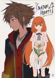 Rule 34 | 1boy, 1girl, bare shoulders, bird of paradise flower, black ribbon, blue eyes, chain, chain necklace, copyright name, crown (symbol), detached collar, dress, flower, green eyes, hair ornament, hairclip, highres, holding, holding flower, hood, hood down, hoodie, jacket, jewelry, kingdom hearts, kingdom hearts iv, layered clothes, long hair, looking at viewer, looking to the side, necklace, nikumogmog, red hoodie, ribbon, smile, sora (kingdom hearts), spiked hair, strelitzia (kingdom hearts), twintails, very long hair, white dress, x hair ornament