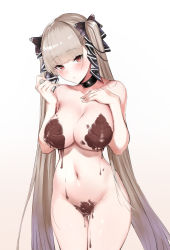 Rule 34 | 1girl, azur lane, bad id, bad pixiv id, black bow, black choker, black ribbon, blunt bangs, blush, bow, breasts, brown eyes, chocolate, chocolate covered, chocolate on body, chocolate on breasts, chocolate on pussy, choker, closed mouth, collarbone, commentary request, covered erect nipples, cowboy shot, fingernails, food on body, formidable (azur lane), gluteal fold, gradient background, grey hair, groin, hair bow, hair ornament, hair ribbon, hand on own chest, hands up, head tilt, highres, hong jo, large breasts, long hair, looking at viewer, naked chocolate, navel, nude, platinum blonde hair, ribbon, solo, standing, stomach, twintails, two-tone ribbon, very long hair