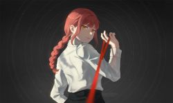 Rule 34 | 1girl, 39daph, braid, braided ponytail, chainsaw man, collared shirt, femdom, grey background, highres, holding, holding leash, leash, looking at viewer, looking back, makima (chainsaw man), medium hair, pov, red hair, ringed eyes, shirt, shirt tucked in, sidelocks, simple background, smile, solo, twitter username, viewer on leash, white shirt, yellow eyes