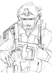 Rule 34 | 1boy, american flag, assault rifle, beard, ear protection, facial hair, gloves, greyscale, gun, helmet, highres, holding, holding gun, holding weapon, load bearing vest, long sleeves, looking at viewer, male focus, mature male, military operator, monochrome, original, parted lips, pen guin15, radio, rifle, serious, sketch, solo, upper body, weapon