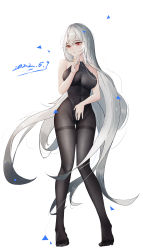 Rule 34 | 1girl, absurdres, arknights, bare shoulders, black leotard, black pantyhose, breasts, closed mouth, covered navel, dated, full body, grey hair, highres, leotard, long hair, looking at viewer, medium breasts, ningmeng chai, pantyhose, red eyes, simple background, smile, solo, specter (arknights), thighs, very long hair, white background