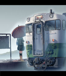Rule 34 | 1girl, bag, daito, day, facing away, highres, jacket, letterboxed, original, outdoors, rain, skirt, solo, standing, train, umbrella