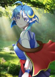 Rule 34 | 1girl, ahoge, blue eyes, blue hair, blue skirt, cape, closed mouth, crescent, crescent hair ornament, grass, hair ornament, highres, looking at viewer, pointy ears, red cape, rena lanford, short hair, skirt, smile, solo, star ocean, star ocean the second story, tree