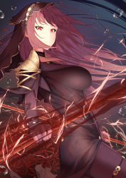 Rule 34 | 1girl, absurdres, armor, bodysuit, breasts, closed mouth, commentary, dual wielding, fate/grand order, fate (series), floating hair, flower, fukuidesu0110, gae bolg (fate), highres, holding, holding polearm, holding weapon, large breasts, long hair, looking at viewer, pauldrons, polearm, purple bodysuit, purple hair, red eyes, red flower, scathach (fate), shoulder armor, solo, spear, veil, weapon