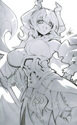 Rule 34 | 1girl, arikanrobo, armored leotard, breasts, cleavage, cowboy shot, demon girl, demon horns, demon wings, dress, duel monster, gloves, greyscale, highres, holding, horns, large breasts, looking at viewer, lovely labrynth of the silver castle, low wings, monochrome, multiple wings, pointy ears, smile, solo, twintails, white background, wings, yu-gi-oh!