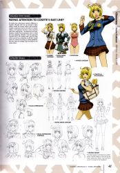 Rule 34 | 00s, 1girl, bag, blazer, blonde hair, blue eyes, character sheet, concept art, cosette coalhearth, detached sleeves, hands on own hips, headband, highres, honjou raita, jacket, lineart, looking at viewer, military, multiple views, necktie, non-web source, one-piece swimsuit, open mouth, pleated skirt, ribbon, senjou no valkyria (series), senjou no valkyria 2, short hair, simple background, skirt, swimsuit, turnaround, uniform, variations