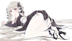 Rule 34 | 1girl, ass, azur lane, bad id, bad pixiv id, bare shoulders, black dress, breasts, dress, earrings, formidable (azur lane), frilled dress, frills, grey hair, high heels, highres, jewelry, large breasts, long hair, looking at viewer, lying, pantyhose, red eyes, shengtian, solo, two-tone ribbon, very long hair, white background, white pantyhose