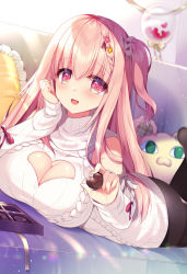 Rule 34 | 1girl, bed, black pantyhose, box, braid, braided bangs, breasts, chocolate, cleavage, cleavage cutout, clothing cutout, commentary request, food, hair between eyes, hair ornament, head rest, highres, holding, holding chocolate, holding food, indoors, long hair, looking at viewer, lying, medium breasts, miharu (ringo sui), on stomach, one side up, original, pantyhose, pink eyes, pink hair, resolution mismatch, ringo sui, sidelocks, solo, source smaller, sweater, turtleneck, turtleneck sweater