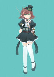 Rule 34 | 1girl, ahoge, aqua background, artist name, back bow, belt, bow, brown belt, brown hair, choker, closed mouth, cropped jacket, culottes, dot nose, full body, gera-magia, gloves, green choker, green eyes, green footwear, green gloves, green hairband, green headwear, green jacket, green shorts, hairband, hands up, hat, heel up, highres, holding, holding sword, holding weapon, jacket, layered shorts, looking at viewer, magia record: mahou shoujo madoka magica gaiden, magical girl, mahou shoujo madoka magica, mary janes, medium hair, mini hat, open clothes, open jacket, pendant choker, ribbon-trimmed thighhighs, ribbon trim, shirt, shoes, shorts, simple background, sleeve cuffs, smile, solo, split mouth, standing, sword, thighhighs, top hat, underbust, weapon, white shirt, white thighhighs, wrist cuffs, yayoi kanoko, zettai ryouiki