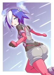 Rule 34 | 1girl, ass, blush, cougar (cougar1404), looking back, multicolored hair, purple eyes, purple hair, skindentation, two-tone hair, whale tail (clothing), white hair