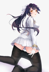 1girl animal_ears azur_lane black_hair black_pantyhose blush bow breasts brown_eyes female_focus gloves hair_bow highres large_breasts long_hair long_sleeves looking_at_viewer looking_back military military_uniform miniskirt pantyhose pleated_skirt ponytail skirt solo takao_(azur_lane) very_long_hair white_skirt yume_(grantwang)