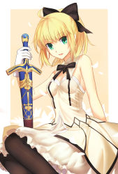 Rule 34 | 1girl, :d, ahoge, arm behind back, artoria pendragon (all), artoria pendragon (fate), black bow, black pantyhose, black ribbon, blonde hair, bow, breasts, cleavage, detached collar, dress, fate/unlimited codes, fate (series), gloves, green eyes, hair bow, holding, holding sword, holding weapon, hujitaumi, looking at viewer, neck ribbon, open mouth, pantyhose, ponytail, ribbon, saber lily, sheath, sheathed, short dress, sideboob, sleeveless, sleeveless dress, small breasts, smile, solo, strapless, strapless dress, sword, weapon, white dress, white gloves