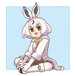 Rule 34 | 1girl, animal ears, blue background, boots, bow, bowtie, brown eyes, elbow gloves, extra ears, ezo mountain hare (kemono friends), full body, gloves, highres, jacket, kemono friends, looking at viewer, pantyhose, rabbit ears, rabbit girl, short hair, simple background, skirt, solo, sorairo meronpan, white hair