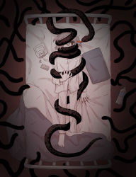 Rule 34 | 1boy, absurdres, avogado6, bed, bed sheet, black eyes, black snake, bottle, commentary request, dark, from above, grey hair, highres, long sleeves, lying, male focus, messy hair, on back, on bed, original, pajamas, pale skin, pants, pill, pillow, sheet grab, shirt, snake, solo, strangling, tongue, tongue out, too many, too many snakes, vignetting, white pants, white shirt
