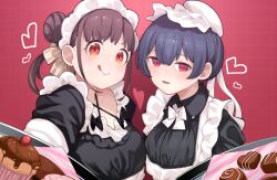 Rule 34 | :d, :p, apron, black dress, blue hair, blush, bow, bowtie, character request, criss-cross halter, double bun, dress, food, hair bow, hair bun, halterneck, highres, holding, holding tray, idolmaster, licking lips, looking at viewer, maid, maid apron, maid headdress, open mouth, parted lips, pastry, red eyes, short hair, smile, takato kurosuke, tongue, tongue out, tray, twintails, white bow, white bowtie