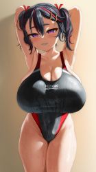 Rule 34 | 1girl, ariduka formica, armpits, arms behind head, black hair, black one-piece swimsuit, breasts, cleavage, collarbone, commission, competition swimsuit, cowboy shot, deka (deka 4242), grin, hair between eyes, hair ribbon, highleg, highleg swimsuit, highres, huge breasts, indie virtual youtuber, looking at viewer, medium hair, mole, mole under mouth, multicolored hair, naughty face, one-piece swimsuit, oppai loli, purple eyes, red hair, red ribbon, ribbon, sharp teeth, shortstack, skeb commission, smile, solo, standing, streaked hair, swimsuit, teeth, twintails, virtual ant channel, virtual youtuber, wet, wet hair