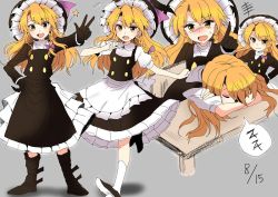 Rule 34 | +++, 1girl, apron, bad id, bad twitter id, black footwear, black gloves, black hat, black skirt, blonde hair, blush, boots, bow, braid, buttons, closed eyes, dated, gloves, grey background, hair bow, hat, hat bow, kirisame marisa, long hair, long sleeves, multiple views, purple bow, sameya, side braid, simple background, skirt, skirt set, sleeping, standing, standing on one leg, table, tears, touhou, v, vest, waist apron, witch hat, yellow eyes, zzz