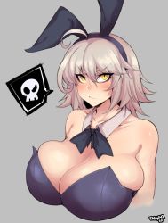 Rule 34 | 1girl, :o, ahoge, alternate costume, angry, animal ears, bare shoulders, black bow, black leotard, blush, bow, breasts, cleavage, detached collar, fate/grand order, fate (series), hair between eyes, huge breasts, jeanne d&#039;arc (fate), jeanne d&#039;arc alter (fate), leotard, looking at viewer, medium hair, open mouth, pale skin, rabbit ears, rabbit girl, silver hair, solo, strapless, strapless leotard, taiger, translation request, upper body, wrist cuffs, yellow eyes