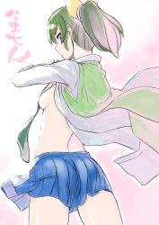 Rule 34 | 10s, 1girl, bow, breasts, character name, from behind, green hair, hair bow, looking back, medium breasts, midorikawa nao, necktie, no bra, open clothes, open shirt, pleated skirt, ponytail, precure, school uniform, shirt, sideboob, simple background, skirt, smile precure!, solo, sweater vest, wind, wind lift, yasuda suzuhito