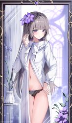 1girl absurdres alternate_costume black_panties bow bow_panties brown_hair cowboy_shot dress flower herta_(honkai:_star_rail) highres honkai:_star_rail honkai_(series) long_hair mirror navel panties plant potted_plant purple_eyes purple_flower reflection sleepwear solo stomach the_herta_(honkai:_star_rail) thighs twitter_username underwear white_dress yeni1871