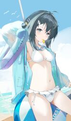 Rule 34 | 1girl, absurdres, ahoge, arknights, ball, beachball, bikini, blue sky, breasts, citrus (pixiv 32844232), goggles, goggles around neck, hair ornament, hairclip, highres, holding, innertube, jacket, la pluma (arknights), la pluma (summer flowers) (arknights), long sleeves, looking at viewer, medium breasts, mouth hold, navel, ocean, official alternate costume, open clothes, open jacket, short hair, sitting on ball, sky, solo, swim ring, swimsuit, whistle, white bikini