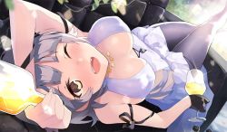 Rule 34 | 1girl, alternate costume, arm up, azur lane, bad id, bad twitter id, black gloves, blunt bangs, blush, bottle, breasts, couch, cup, dress, gloves, grey hair, holding, holding bottle, holding cup, jewelry, kekemotsu, large breasts, legs up, looking at viewer, lying, necklace, no bra, official art, on back, on couch, one eye closed, open mouth, pantyhose, purple dress, purple pantyhose, seattle (azur lane), seattle (gorgeous party) (azur lane), short hair, sidelocks, skindentation, smile, solo, sparkle, sunlight, tongue, upside-down