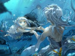Rule 34 | 2girls, age difference, aged down, air bubble, anglerfish, backless dress, backless outfit, blue hair, blue nails, bubble, child, dress, fins, fish, fish tail, funi mu9, gawr gura, gills, hand grab, holding breath, hololive, hololive english, long hair, mother and daughter, multiple girls, nail polish, onee-loli, shark girl, shark tail, size difference, strapless, strapless dress, swimming, tail, two side up, underwater, virtual youtuber, white dress, yuri
