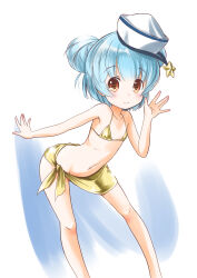 Rule 34 | 1girl, absurdres, bikini, blue hair, brown eyes, dixie cup hat, double bun, feet out of frame, flat chest, gold bikini, gold sarong, hair bun, hat, highres, kantai collection, looking at viewer, military hat, samuel b. roberts (kancolle), sarong, short hair, simple background, smile, solo, star ornament, swimsuit, taisinkoku, waving, white background, white hat