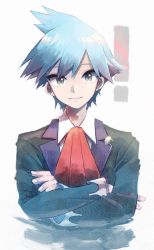 Rule 34 | 1boy, black jacket, blue hair, closed mouth, collared shirt, commentary, creatures (company), crossed arms, fingernails, game freak, glint, highres, jacket, long sleeves, looking at viewer, male focus, nintendo, nosutaal, pokemon, pokemon oras, red neckwear, shirt, solo, steven stone, upper body, white shirt