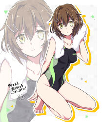 Rule 34 | 1girl, alternate costume, barefoot, black one-piece swimsuit, breasts, brown eyes, brown hair, commentary request, commission, competition swimsuit, furutaka (kancolle), glowing, glowing eye, hair ornament, hairclip, heterochromia, kantai collection, kneeling, medium breasts, multicolored clothes, multicolored swimsuit, one-piece swimsuit, r-king, short hair, smile, solo, swimsuit, towel, towel around neck, white towel, yellow eyes, zoom layer